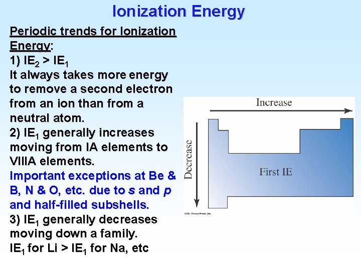 Ionization Energy Periodic trends for Ionization Energy: 1) IE 2 > IE 1 It