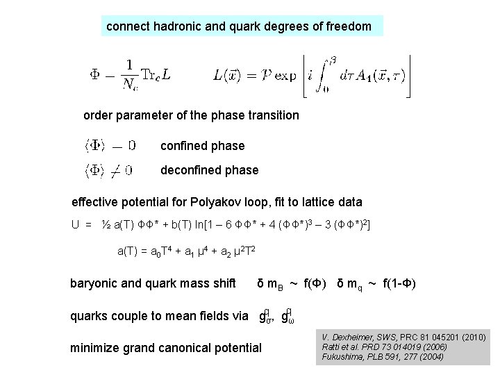 connect hadronic and quark degrees of freedom order parameter of the phase transition confined