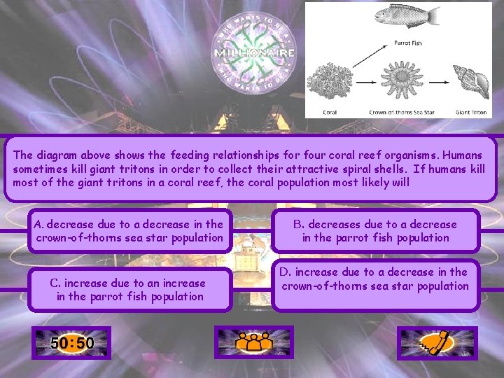 The diagram above shows the feeding relationships for four coral reef organisms. Humans sometimes