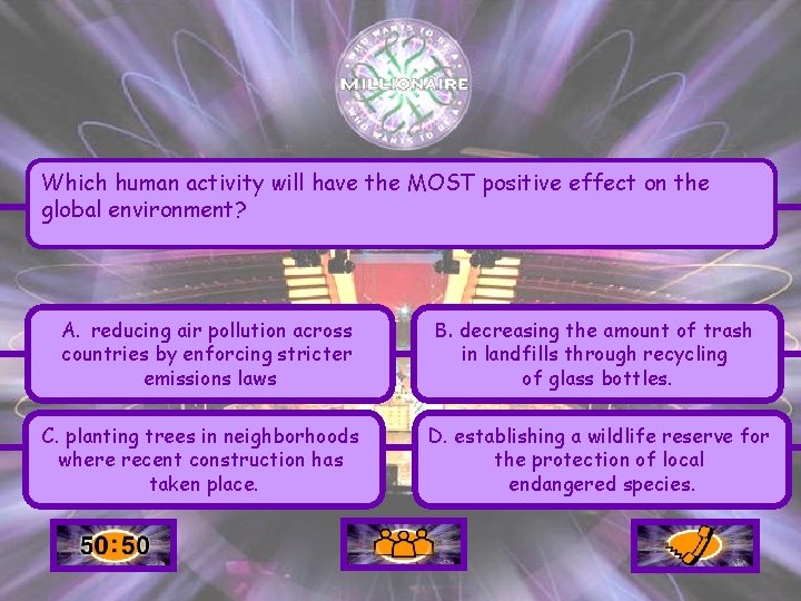 Which human activity will have the MOST positive effect on the global environment? A.