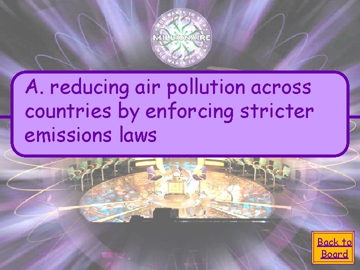 A. reducing air pollution across countries by enforcing stricter emissions laws Back to Board