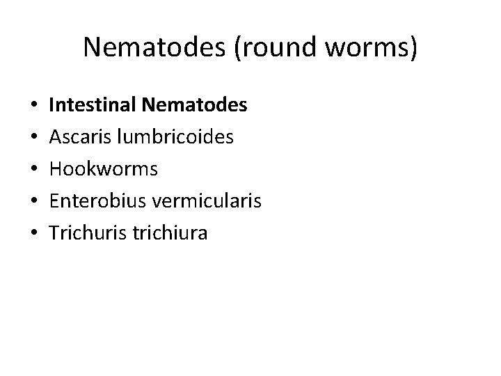 Nematodes (round worms) • • • Intestinal Nematodes Ascaris lumbricoides Hookworms Enterobius vermicularis Trichuris