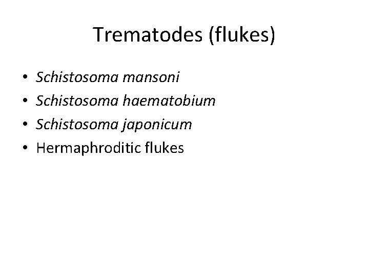 Trematodes (flukes) • • Schistosoma mansoni Schistosoma haematobium Schistosoma japonicum Hermaphroditic flukes 