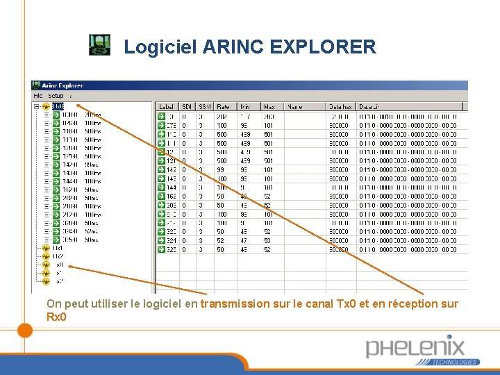 Logiciel ARINC EXPLORER On peut utiliser le logiciel en transmission sur le canal Tx