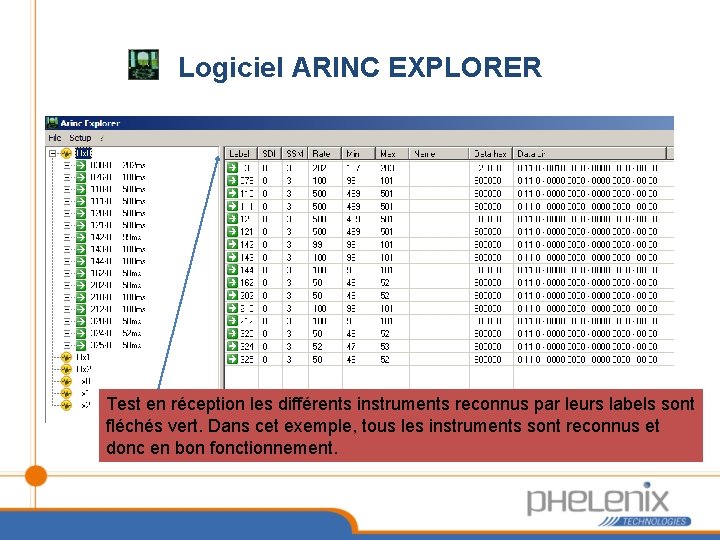 Logiciel ARINC EXPLORER Test en réception les différents instruments reconnus par leurs labels sont