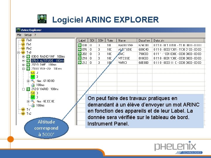 Logiciel ARINC EXPLORER Altitude correspond à 5000’ On peut faire des travaux pratiques en