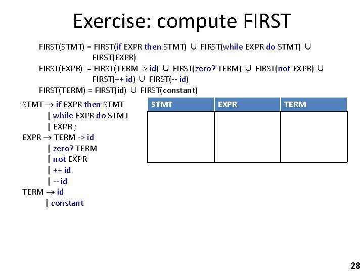 Exercise: compute FIRST(STMT) = FIRST(if EXPR then STMT) ∪ FIRST(while EXPR do STMT) ∪