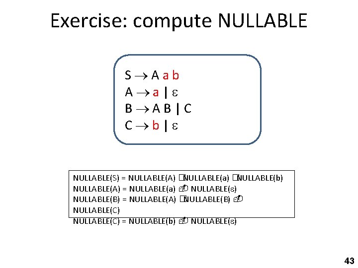 Exercise: compute NULLABLE S Aab A a| B AB|C C b| NULLABLE(S) = NULLABLE(A)