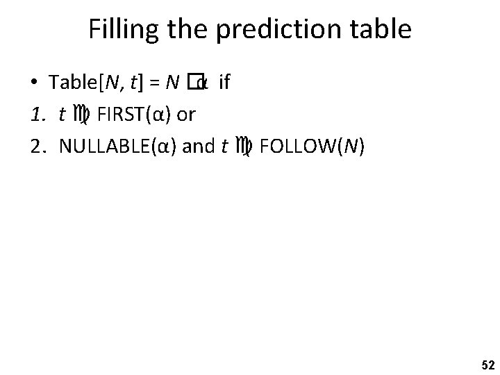 Filling the prediction table • Table[N, t] = N �α if 1. t FIRST(α)