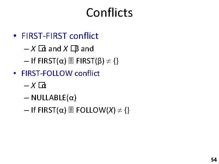 Conflicts • FIRST-FIRST conflict – X �α and X � and – If FIRST(α)