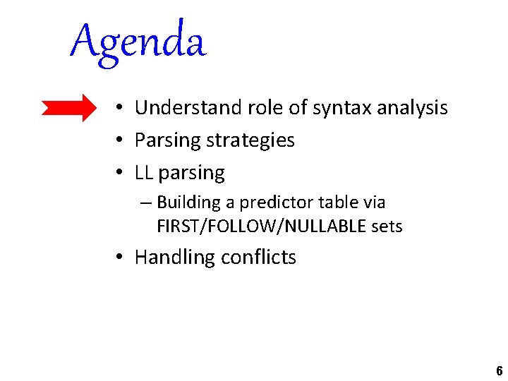 Agenda • Understand role of syntax analysis • Parsing strategies • LL parsing –