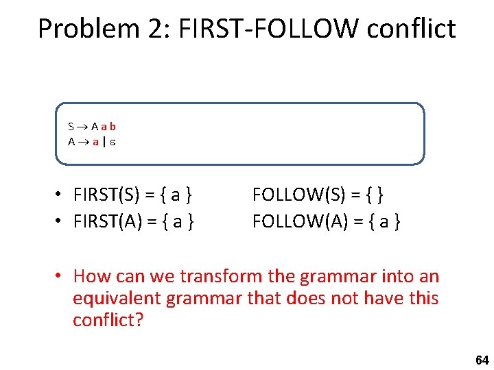 Problem 2: FIRST-FOLLOW conflict S Aab A a| • FIRST(S) = { a }