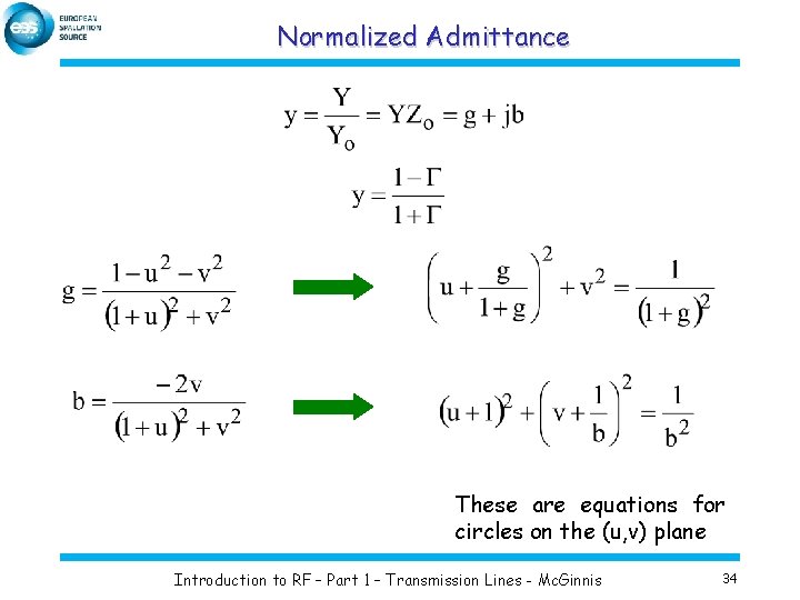 Normalized Admittance These are equations for circles on the (u, v) plane Introduction to
