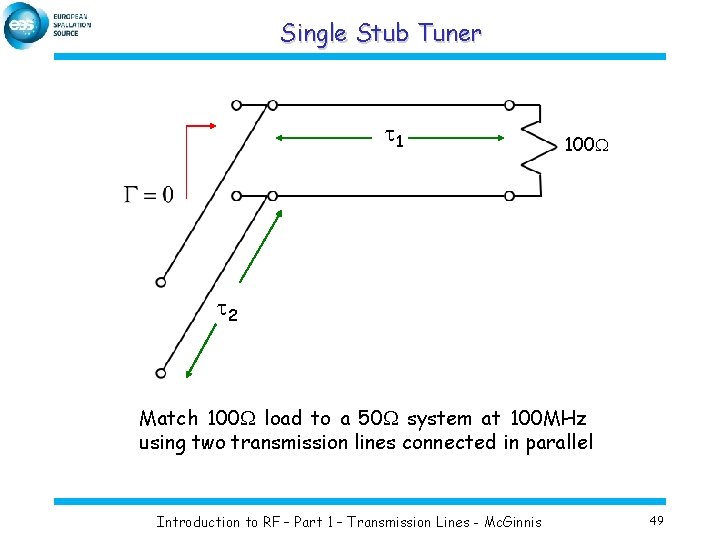 Single Stub Tuner t 1 100 W t 2 Match 100 W load to