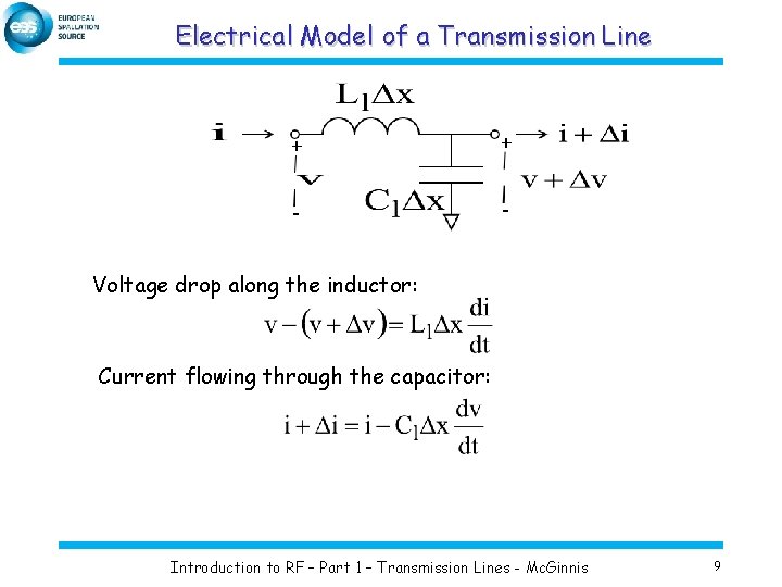 Electrical Model of a Transmission Line Voltage drop along the inductor: Current flowing through