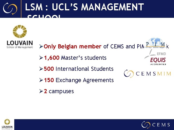 LSM : UCL’S MANAGEMENT SCHOOL ØOnly Belgian member of CEMS and PIM network Ø