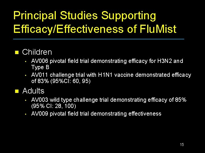 Principal Studies Supporting Efficacy/Effectiveness of Flu. Mist n Children • • n AV 006