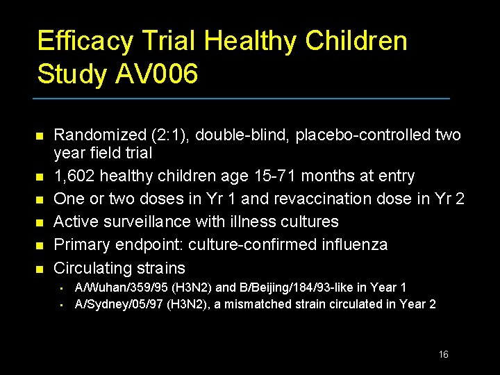 Efficacy Trial Healthy Children Study AV 006 n n n Randomized (2: 1), double-blind,