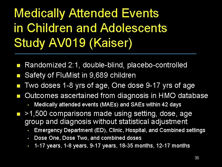 Medically Attended Events in Children and Adolescents Study AV 019 (Kaiser) n n Randomized