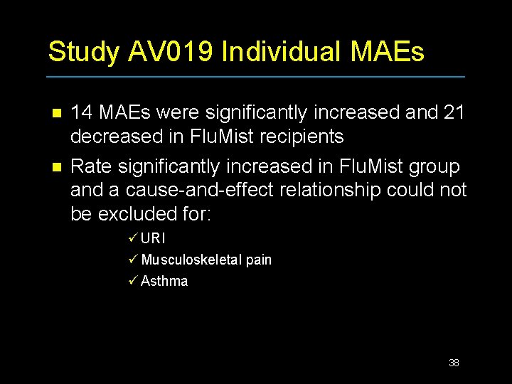 Study AV 019 Individual MAEs n n 14 MAEs were significantly increased and 21