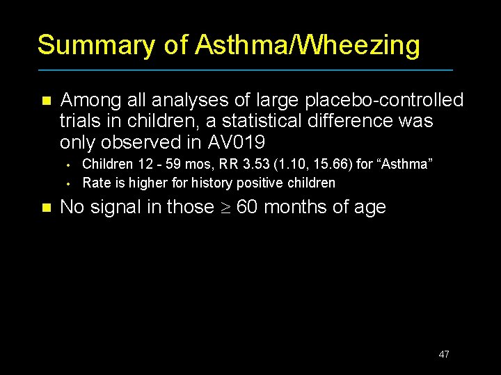 Summary of Asthma/Wheezing n Among all analyses of large placebo-controlled trials in children, a
