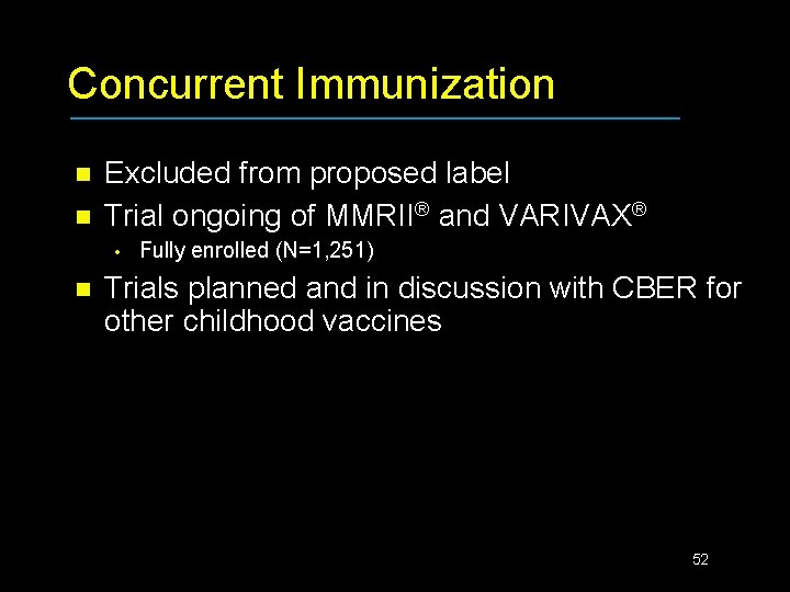 Concurrent Immunization n n Excluded from proposed label Trial ongoing of MMRII® and VARIVAX®