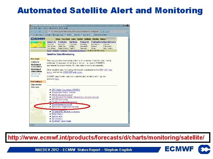 Automated Satellite Alert and Monitoring http: //www. ecmwf. int/products/forecasts/d/charts/monitoring/satellite/ NAEDEX 2012 – ECMWF Status