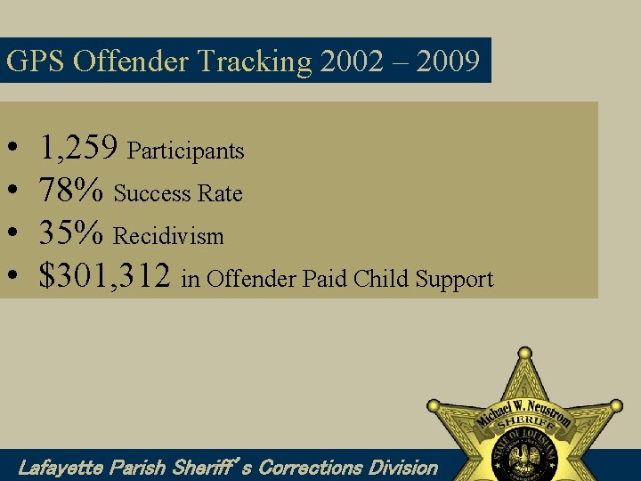 GPS Offender Tracking 2002 – 2009 • • 1, 259 Participants 78% Success Rate