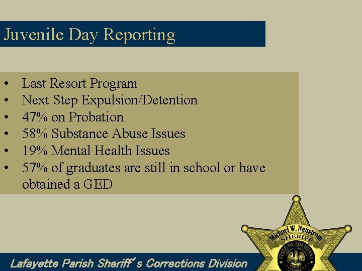 Juvenile Day Reporting • • • Last Resort Program Next Step Expulsion/Detention 47% on