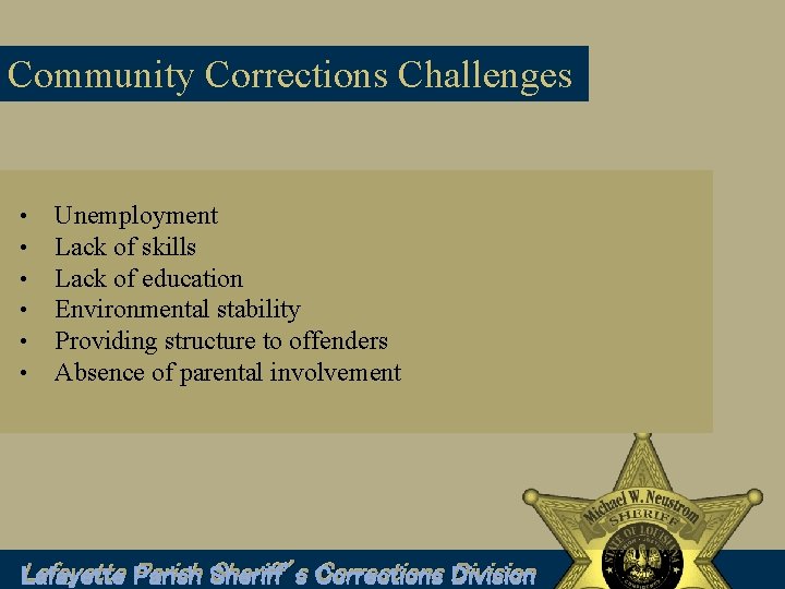 Community Corrections Challenges • • • Unemployment Lack of skills Lack of education Environmental