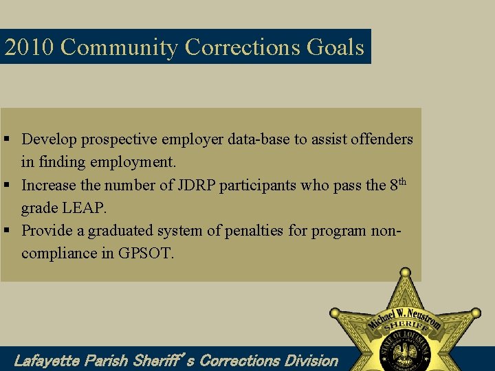 2010 Community Corrections Goals Develop prospective employer data-base to assist offenders in finding employment.