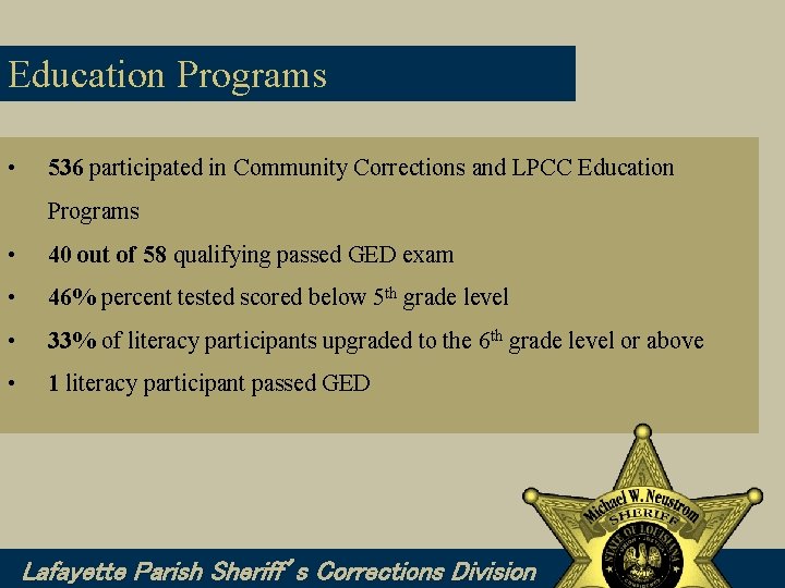 Education Programs • 536 participated in Community Corrections and LPCC Education Programs • 40