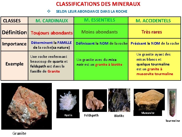 CLASSIFICATIONS DES MINERAUX v CLASSES SELON LEUR ABONDANCE DANS LA ROCHE M. CARDINAUX Définition