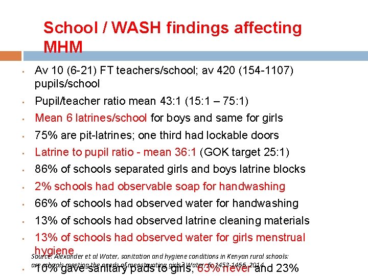 School / WASH findings affecting MHM • Av 10 (6 -21) FT teachers/school; av