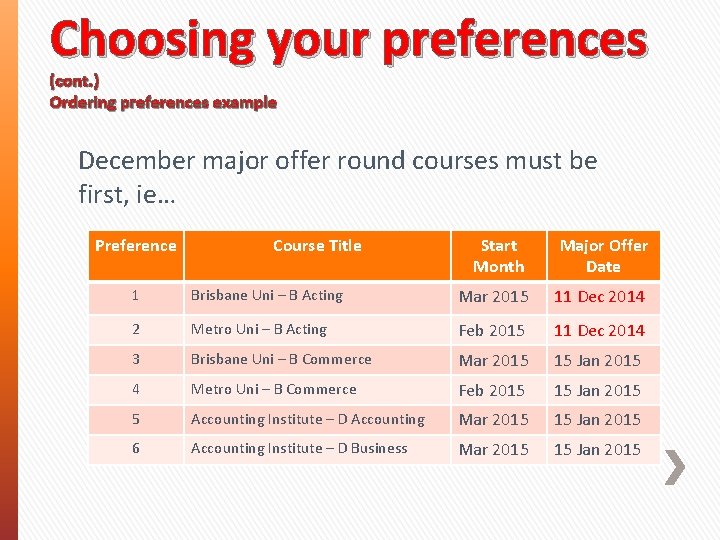 Choosing your preferences (cont. ) Ordering preferences example December major offer round courses must