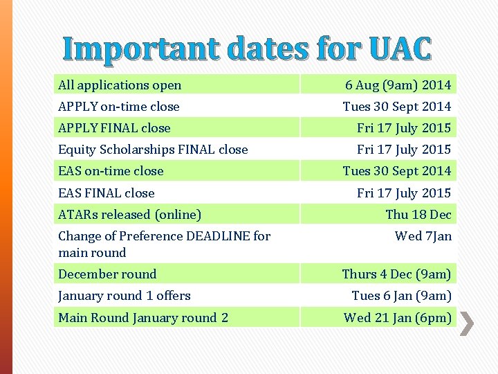 Important dates for UAC All applications open 6 Aug (9 am) 2014 APPLY on-time