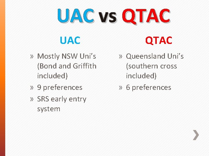 UAC vs QTAC UAC » Mostly NSW Uni’s (Bond and Griffith included) » 9