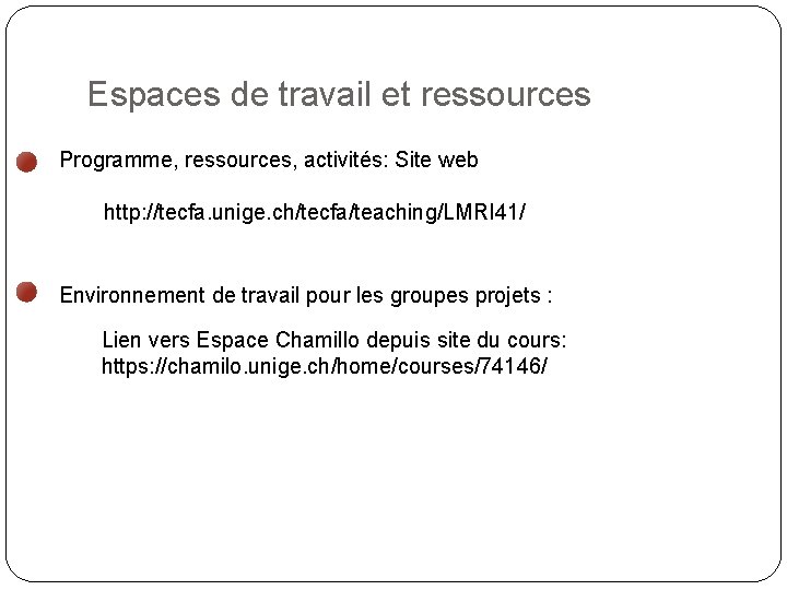 Espaces de travail et ressources Programme, ressources, activités: Site web http: //tecfa. unige. ch/tecfa/teaching/LMRI