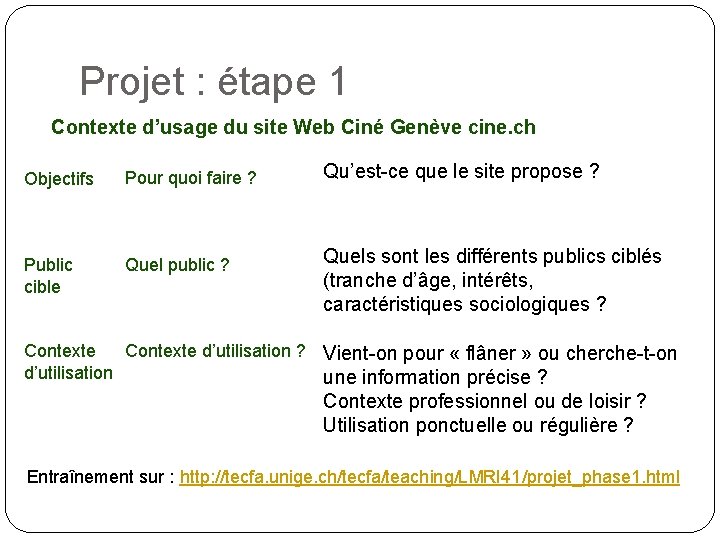 Projet : étape 1 Contexte d’usage du site Web Ciné Genève cine. ch Objectifs