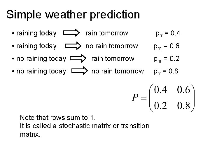 Simple weather prediction • raining today rain tomorrow p rr = 0. 4 •