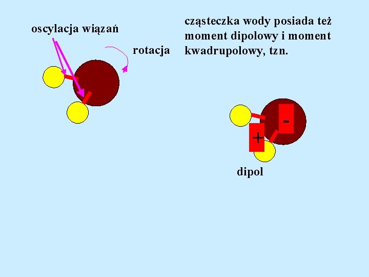 oscylacja wiązań rotacja cząsteczka wody posiada też moment dipolowy i moment kwadrupolowy, tzn. +