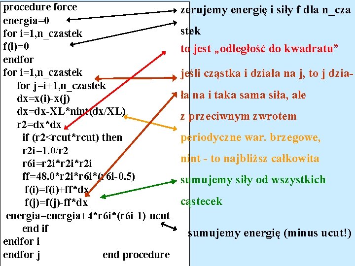 procedure force energia=0 for i=1, n_czastek f(i)=0 endfor i=1, n_czastek for j=i+1, n_czastek dx=x(i)-x(j)