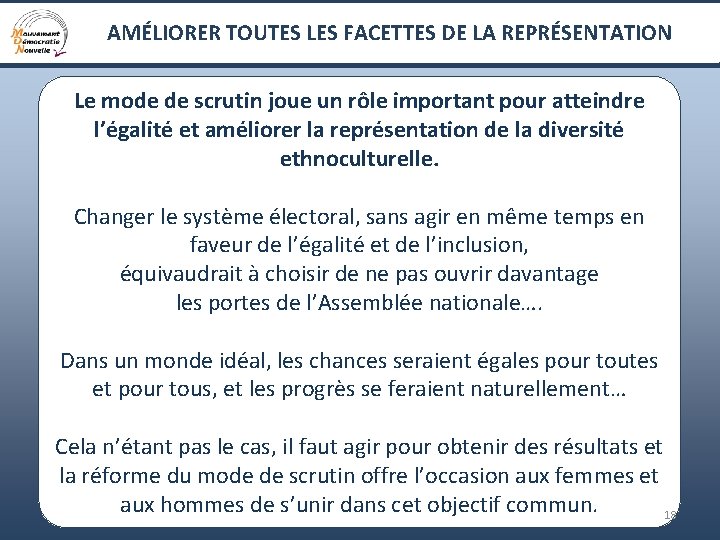 AMÉLIORER TOUTES LES FACETTES DE LA REPRÉSENTATION Le mode de scrutin joue un rôle