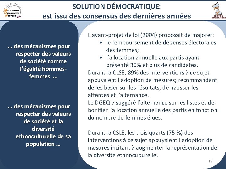 SOLUTION DÉMOCRATIQUE: est issu des consensus dernières années … des mécanismes pour respecter des