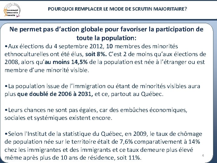 POURQUOI REMPLACER LE MODE DE SCRUTIN MAJORITAIRE? Ne permet pas d’action globale pour favoriser