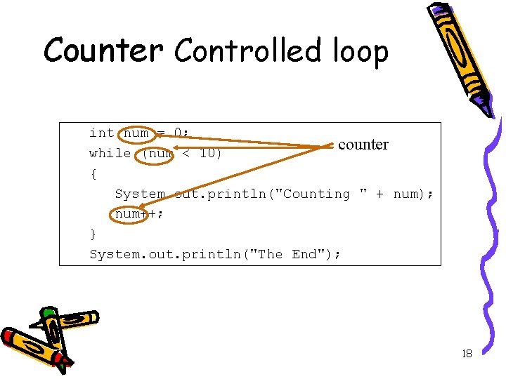 Counter Controlled loop int num = 0; counter while (num < 10) { System.