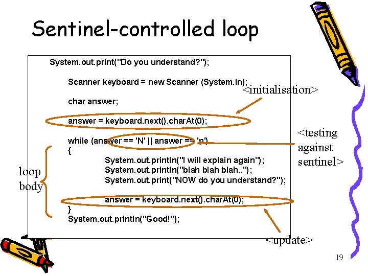 Sentinel-controlled loop System. out. print("Do you understand? "); Scanner keyboard = new Scanner (System.