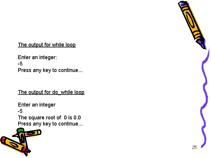 Output The output for while loop Enter an integer: -5 Press any key to