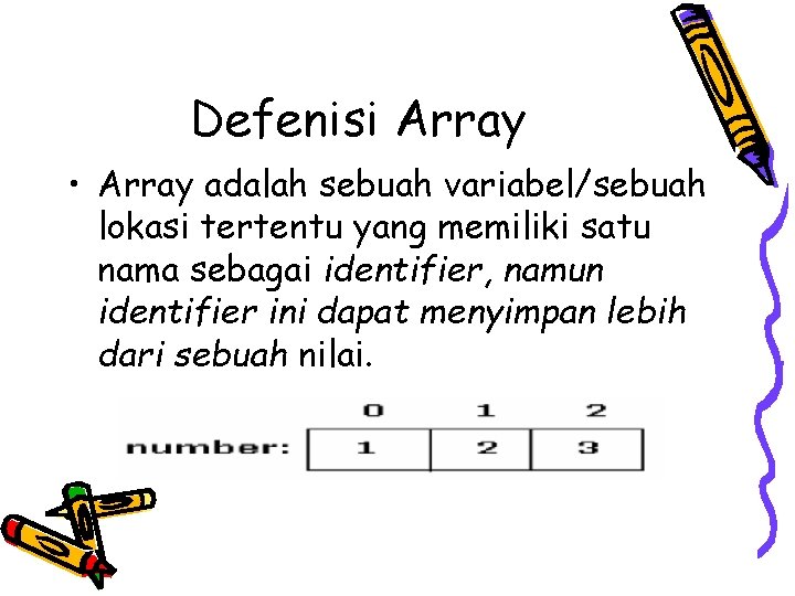 Defenisi Array • Array adalah sebuah variabel/sebuah lokasi tertentu yang memiliki satu nama sebagai