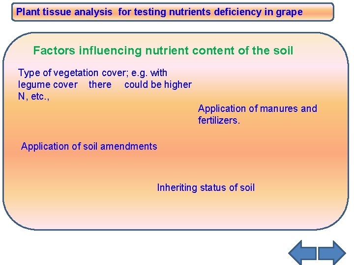 Plant tissue analysis for testing nutrients deficiency in grape Factors influencing nutrient content of Plant tissue analysis for testing nutrients deficiency in grape Factors influencing nutrient content of